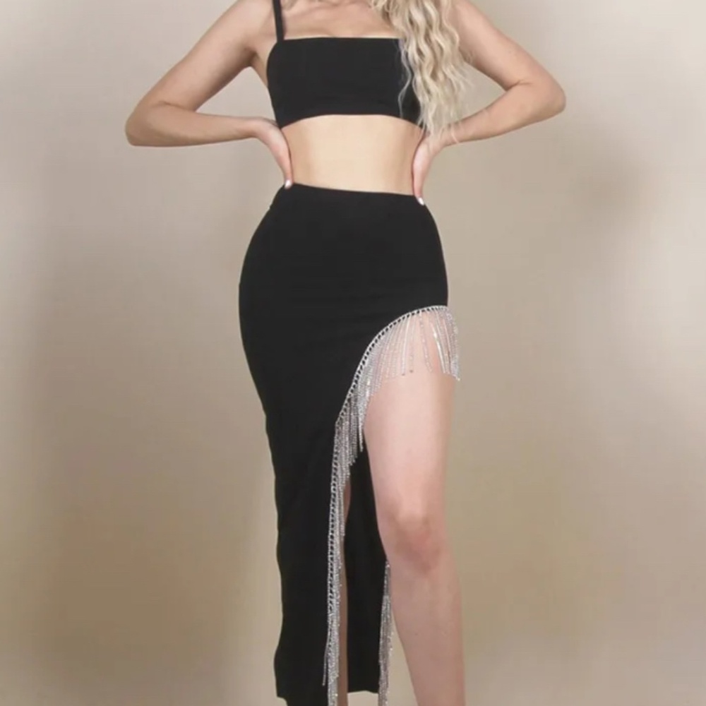 Black rhinestone fringe two piece set